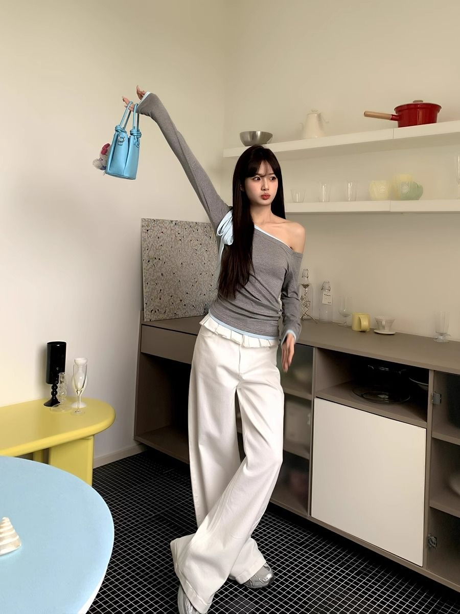 Women's Wide Leg Pants, Ruffle Waistband Full Length