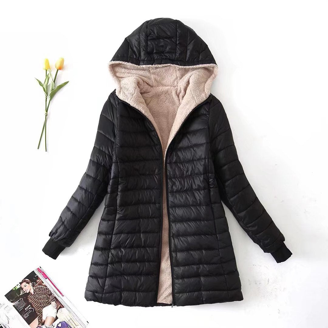 Women's Puffer Jacket with Hood, Sherpa Lined Mid Length Quilted Coat