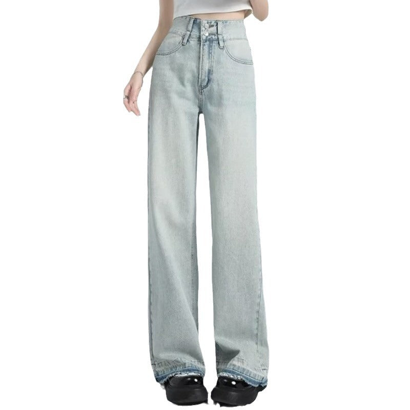 Women's Baggy Jeans, High Waist Raw Frayed Hem Full Length