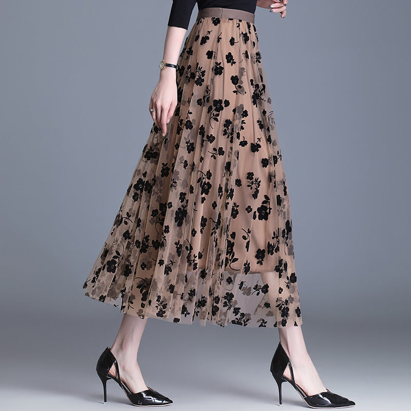 Women's Midi Skirt, Floral Mesh Overlay Pleated A-Line