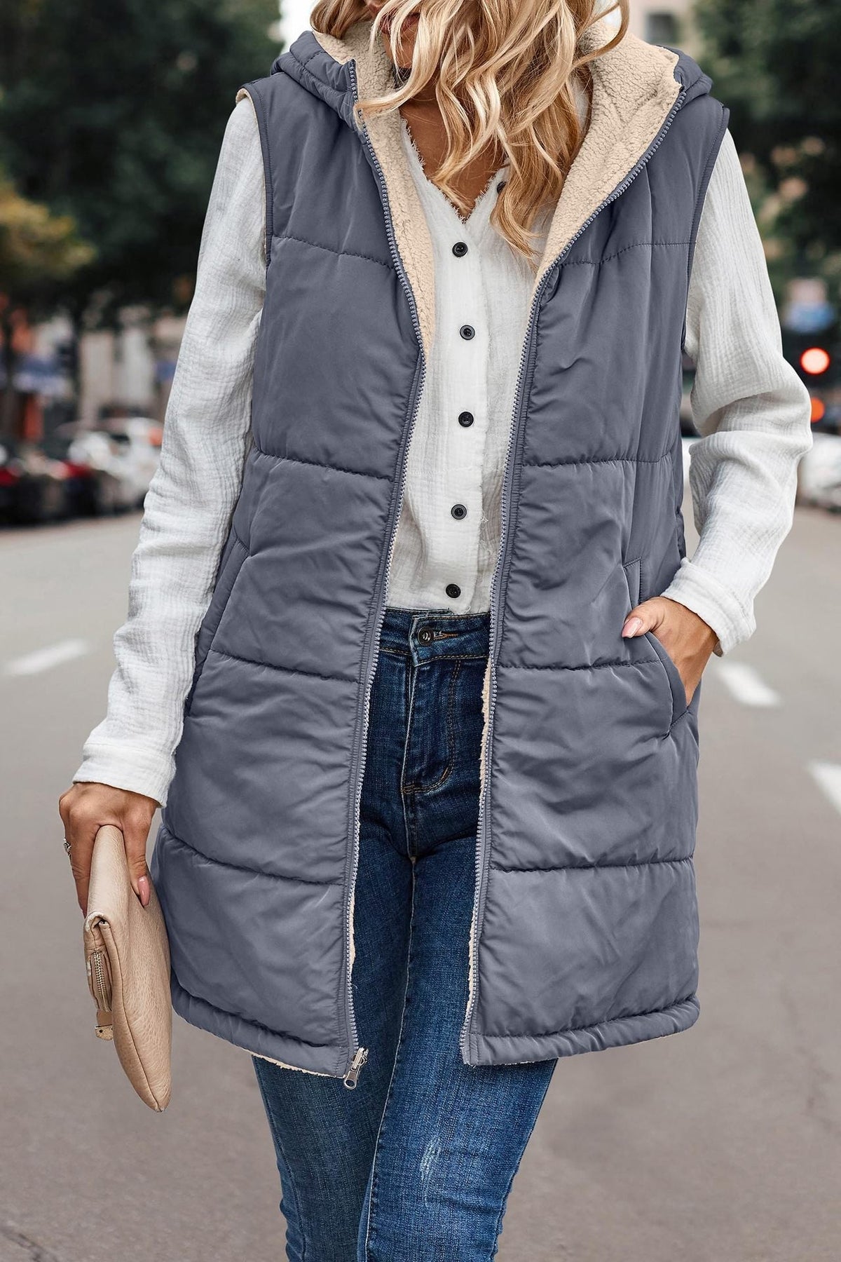 Women's Puffer Vest, Longline Hooded Quilted Sleeveless Jacket