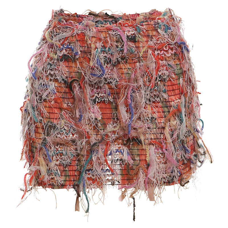 Women's Mini Skirt, Asymmetric Fringe Bodycon Fur Hem