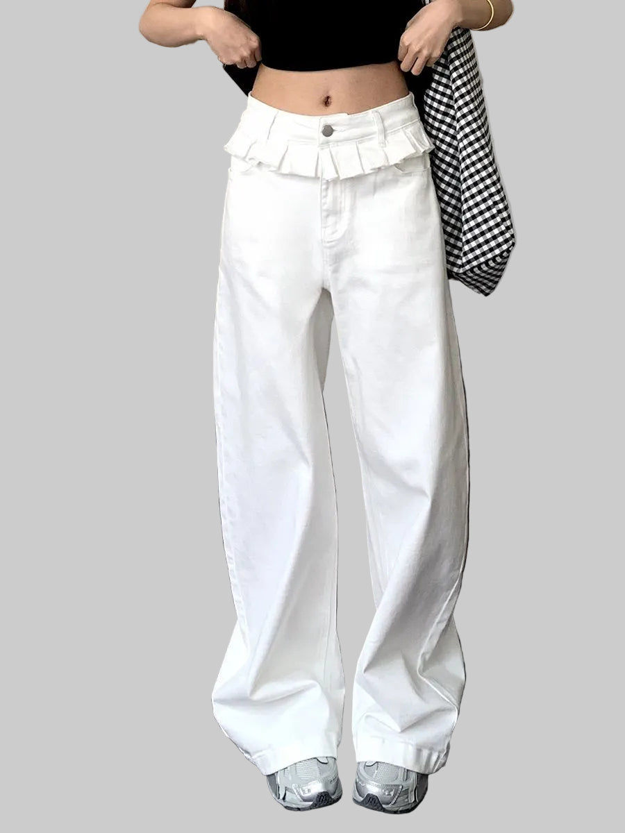 Women's Wide Leg Pants, Ruffle Waistband Full Length