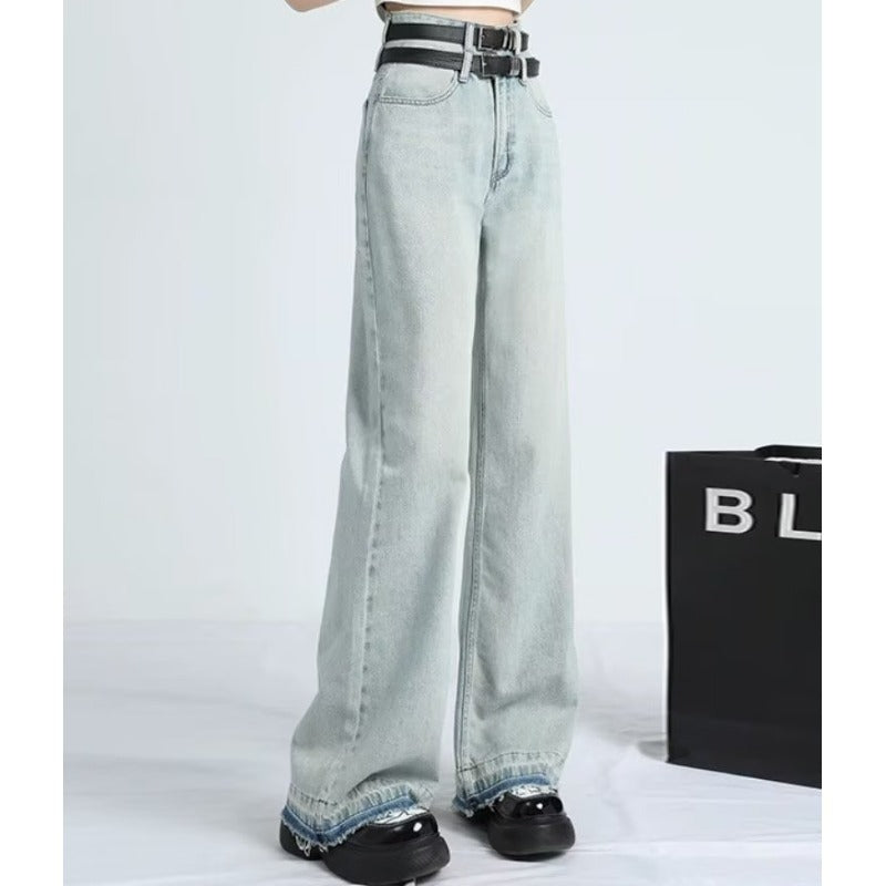 Women's Baggy Jeans, High Waist Raw Frayed Hem Full Length