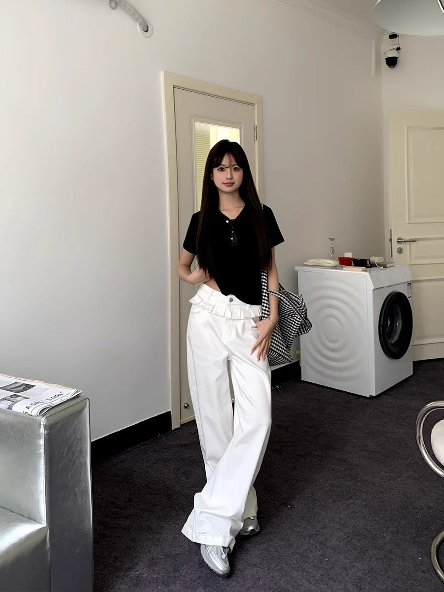 Women's Wide Leg Pants, Ruffle Waistband Full Length