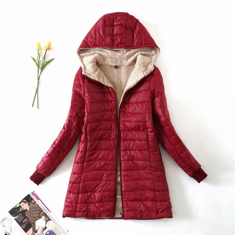 Women's Puffer Jacket with Hood, Sherpa Lined Mid Length Quilted Coat