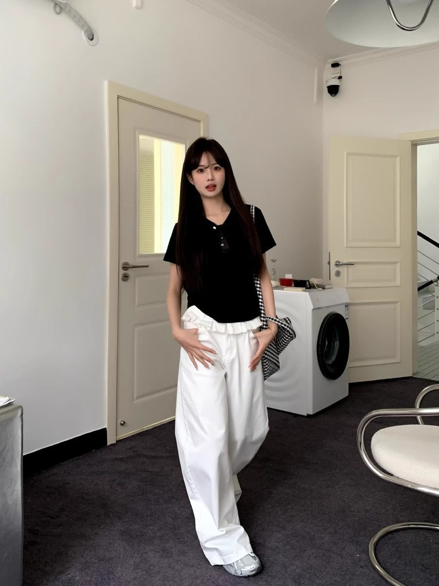 Women's Wide Leg Pants, Ruffle Waistband Full Length