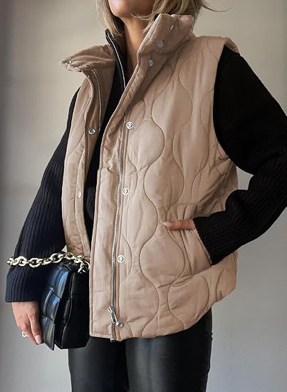 Women's Puffer Vest, Quilted High Neck Zip Up