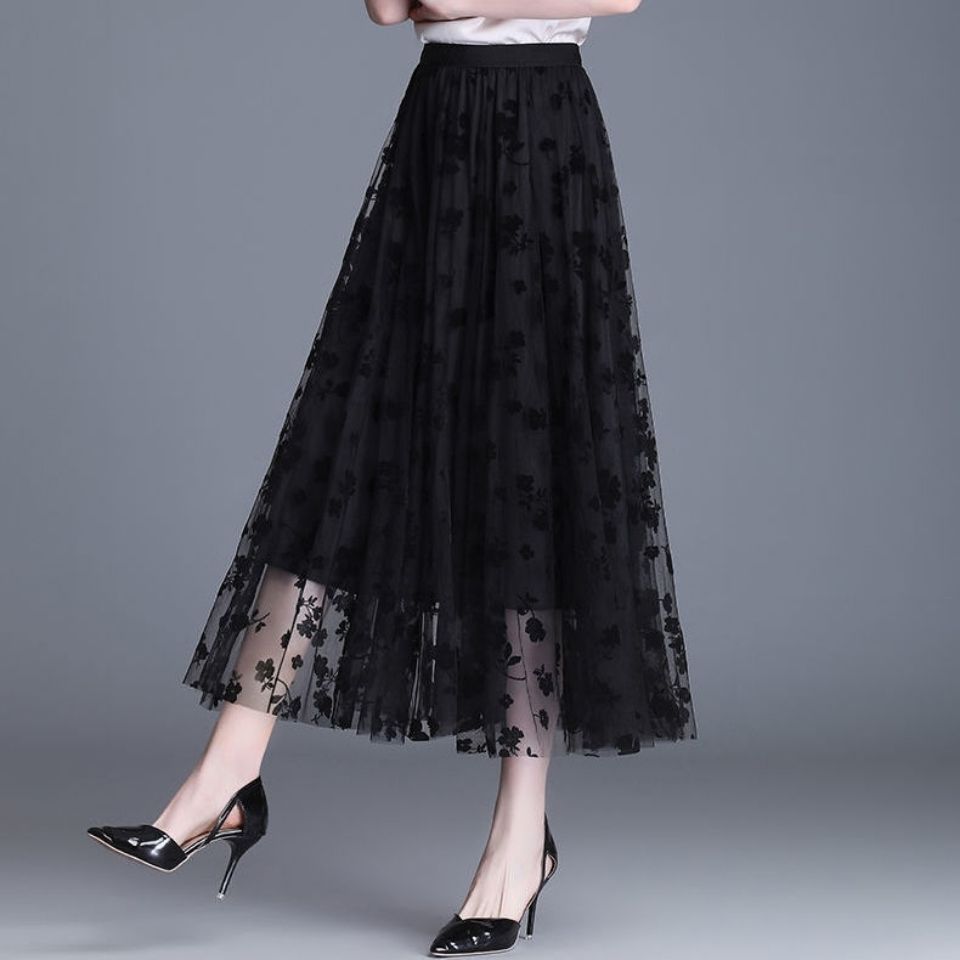 Women's Midi Skirt, Floral Mesh Overlay Pleated A-Line
