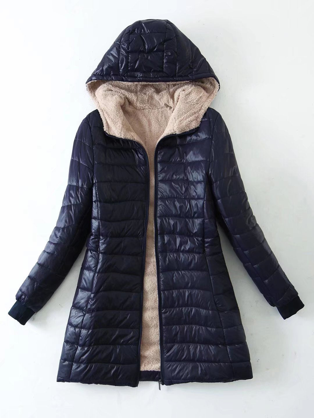 Women's Puffer Jacket with Hood, Sherpa Lined Mid Length Quilted Coat