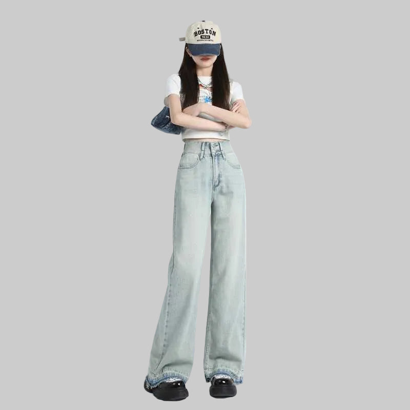 Women's Baggy Jeans, High Waist Raw Frayed Hem Full Length