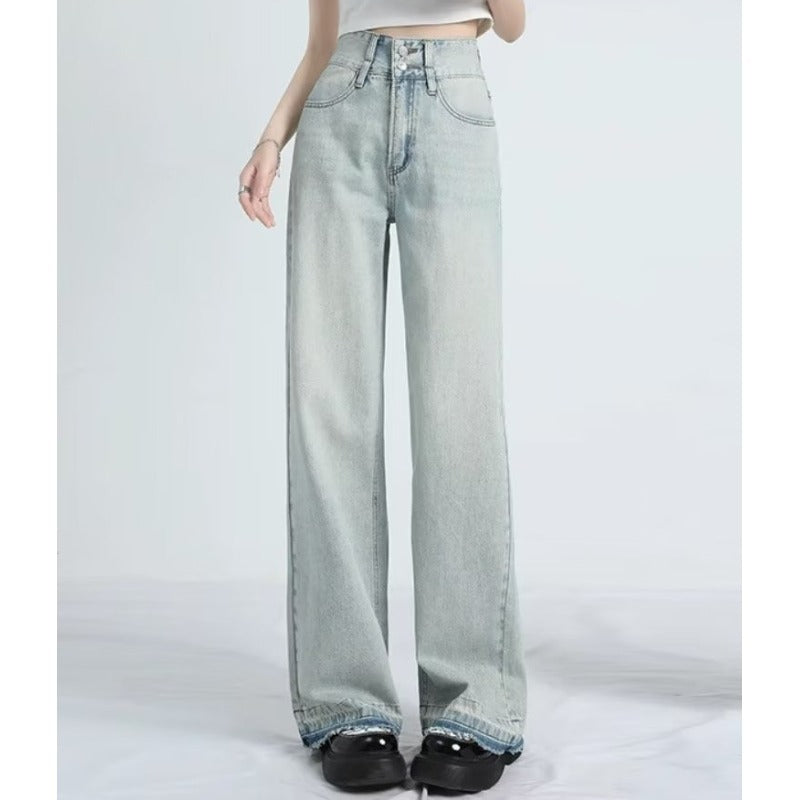 Women's Baggy Jeans, High Waist Raw Frayed Hem Full Length