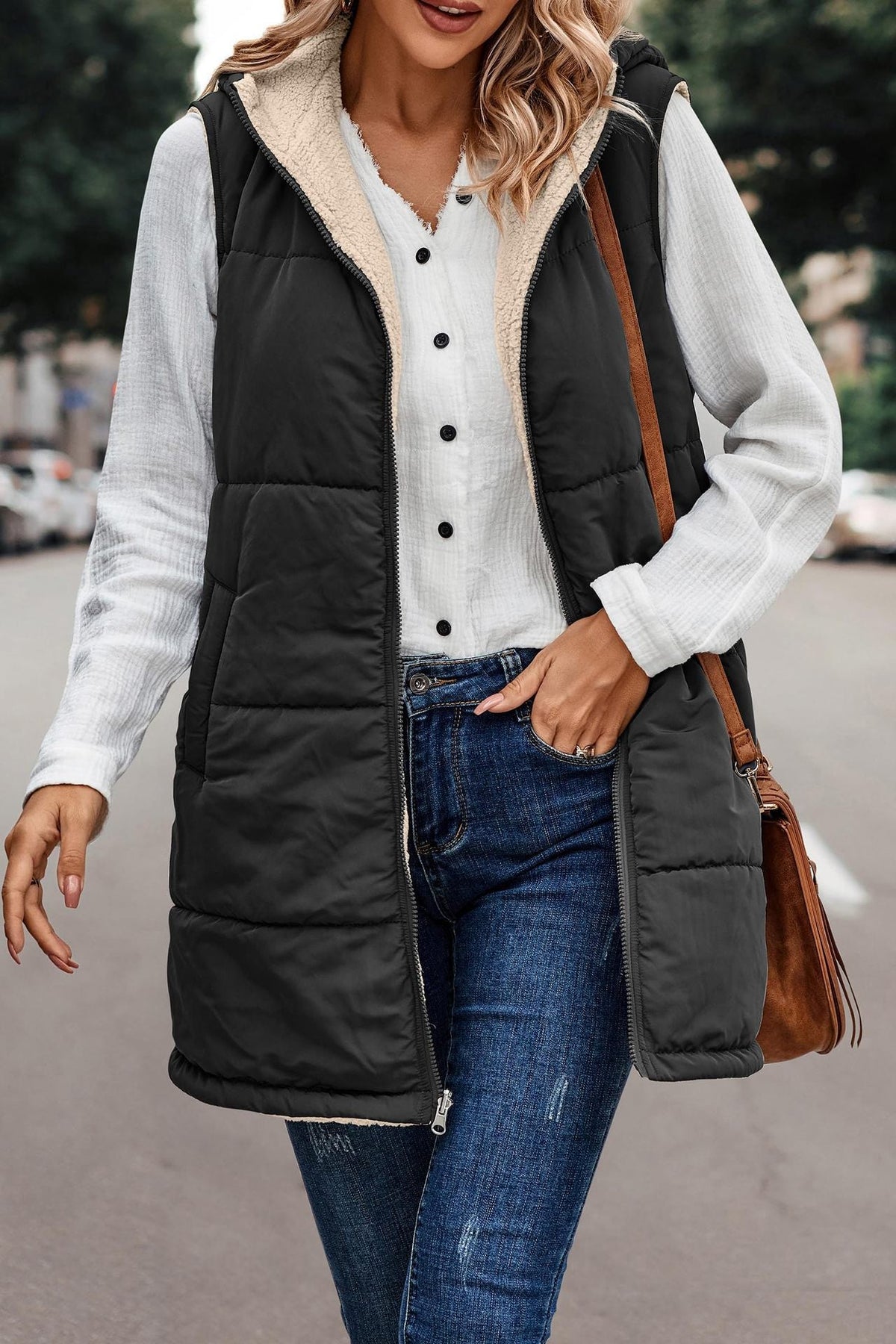 Women's Puffer Vest, Longline Hooded Quilted Sleeveless Jacket