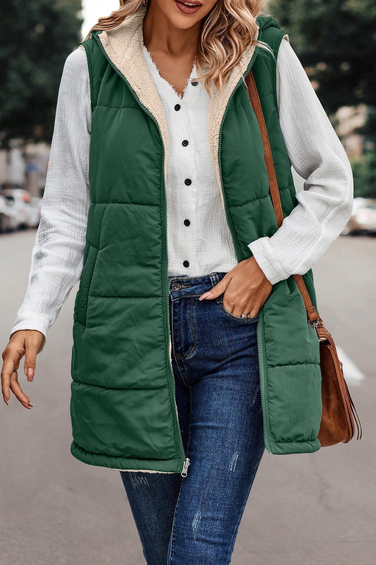 Women's Puffer Vest, Longline Hooded Quilted Sleeveless Jacket