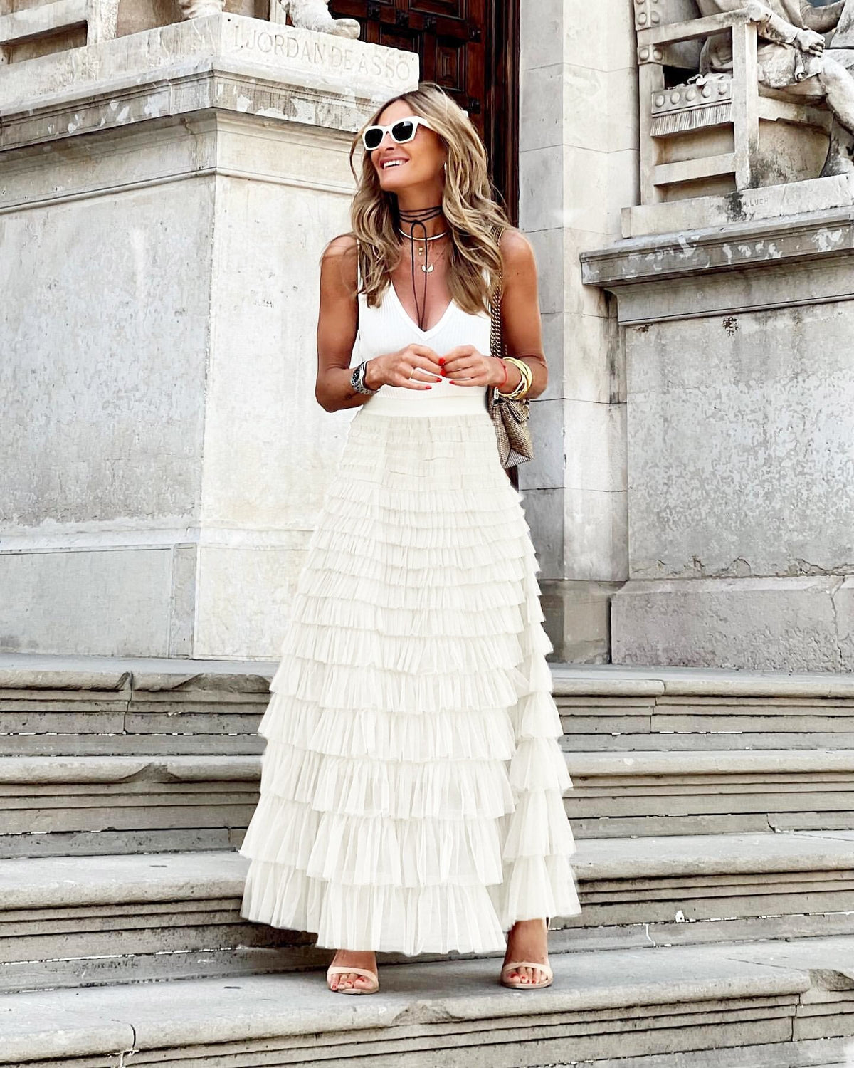 Women's Maxi Skirt, Tiered Ruffle Layers Ribbed Elastic Waist