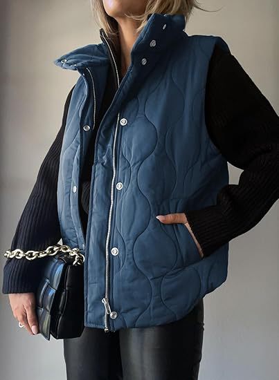 Women's Puffer Vest, Quilted High Neck Zip Up