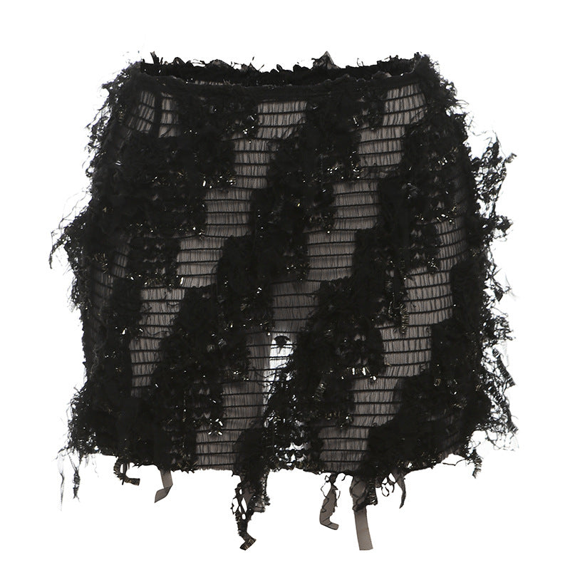 Women's Mini Skirt, Asymmetric Fringe Bodycon Fur Hem