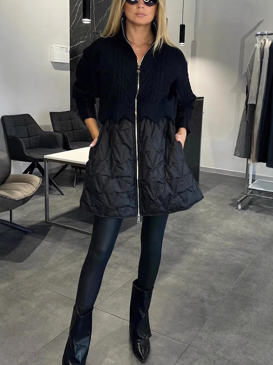 Women's Puffer Jacket, Oversized Quilted Zip-Up with Cable Knit Panel