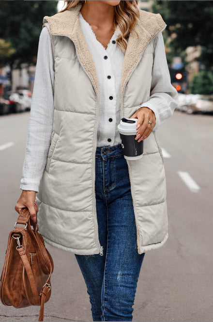 Women's Puffer Vest, Longline Hooded Quilted Sleeveless Jacket