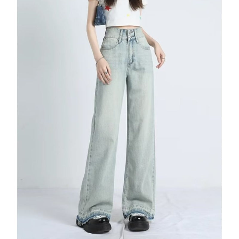 Women's Baggy Jeans, High Waist Raw Frayed Hem Full Length
