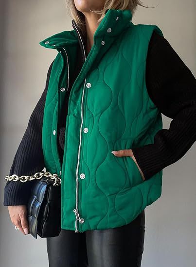 Women's Puffer Vest, Quilted High Neck Zip Up