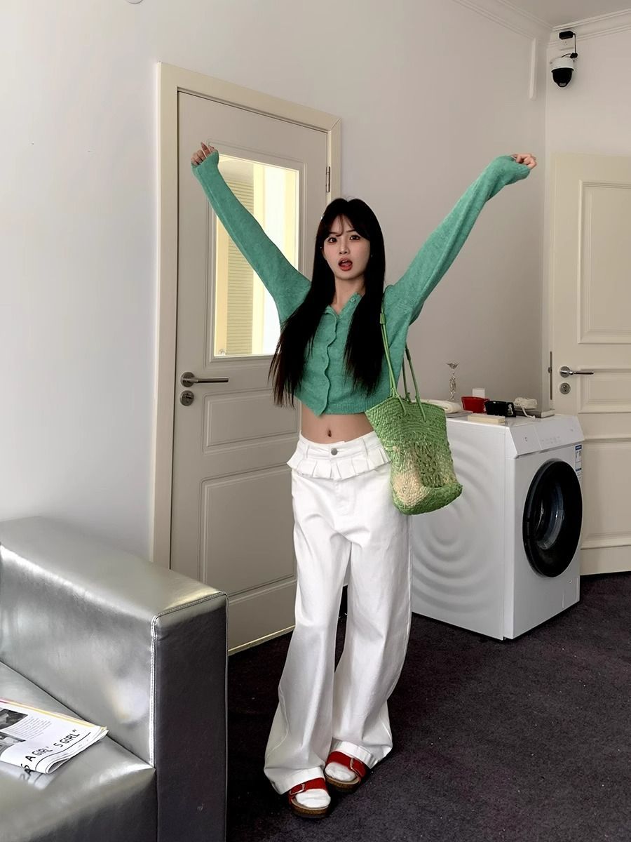 Women's Wide Leg Pants, Ruffle Waistband Full Length