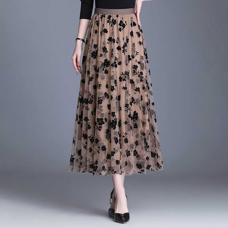 Women's Midi Skirt, Floral Mesh Overlay Pleated A-Line