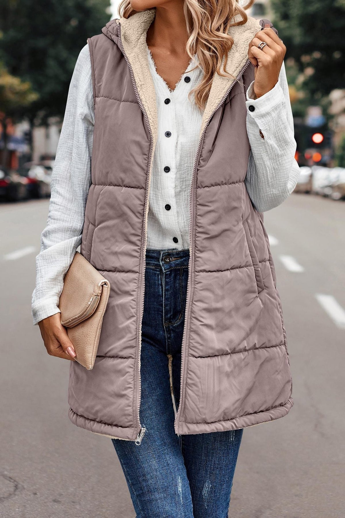 Women's Puffer Vest, Longline Hooded Quilted Sleeveless Jacket