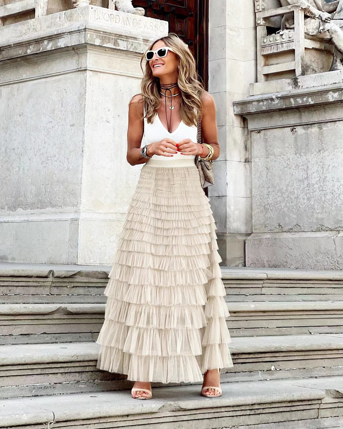 Women's Maxi Skirt, Tiered Ruffle Layers Ribbed Elastic Waist