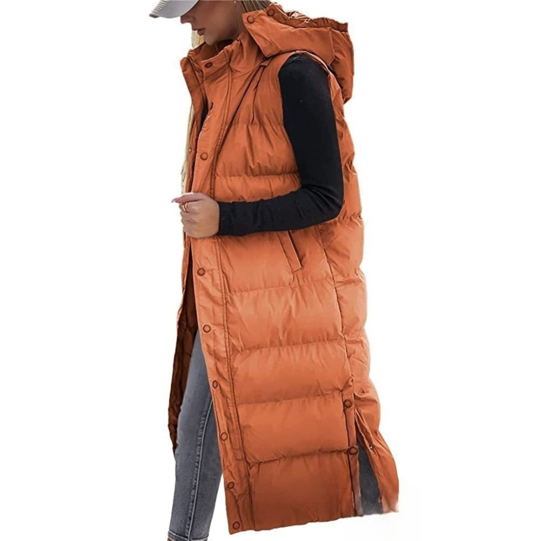 Women's Long Puffer Vest, Hooded Longline Sleeveless Gilet