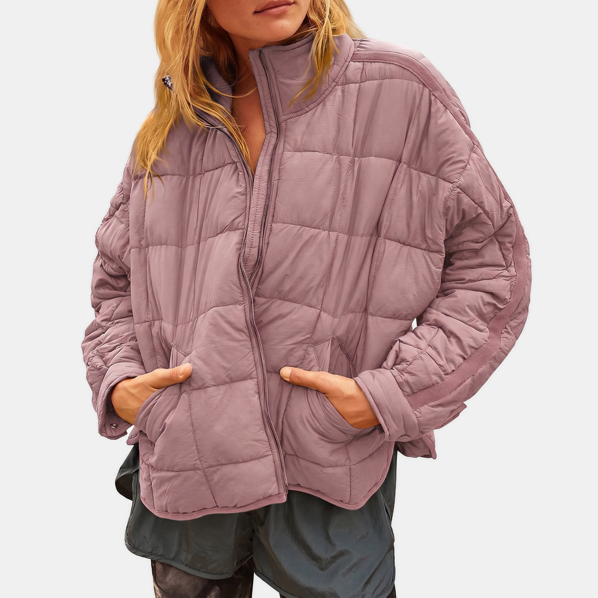 Women's Puffer Jacket, Oversized Quilted Stand Collar Zip Up