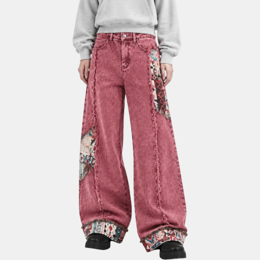 Women's Patchwork Distressed Baggy Wide Leg Jeans with Pockets