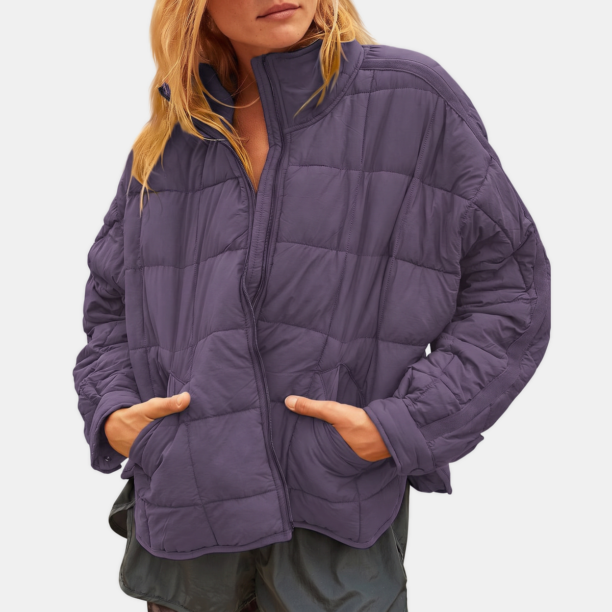 Women's Puffer Jacket, Oversized Quilted Stand Collar Zip Up