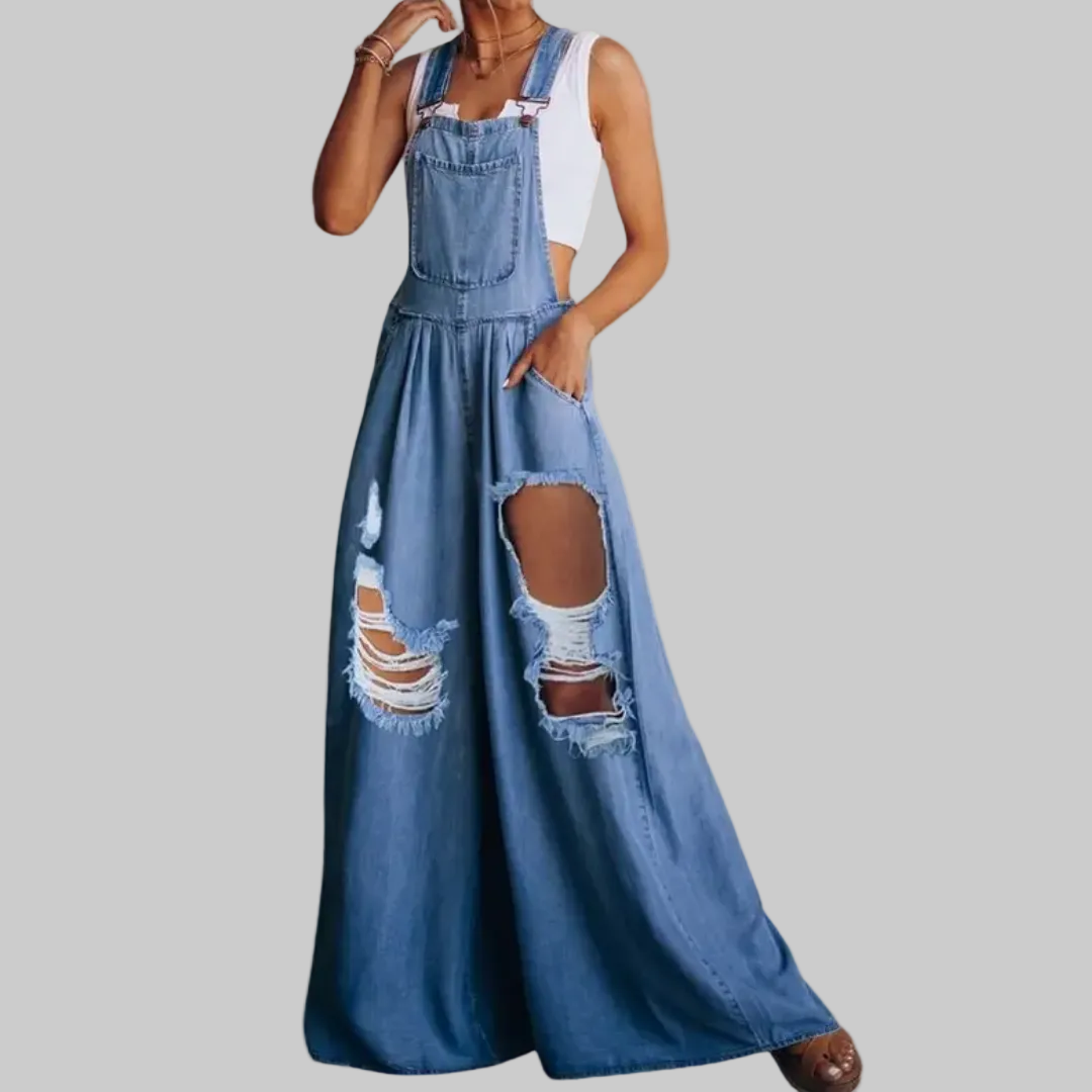 Women's 70s Jumpsuit, Distressed Bib Overalls Wide Leg