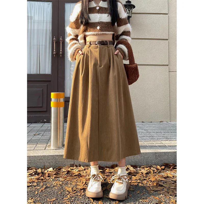 Women's Midi Skirt, High Waist Pleated A-Line with Belt