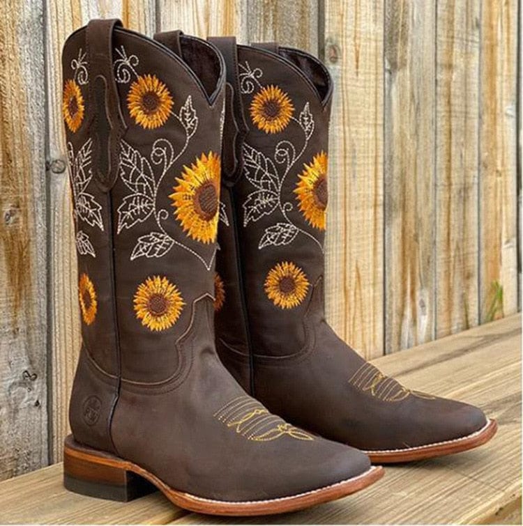 Women's Sunflower Embroidered Cowboy Boots