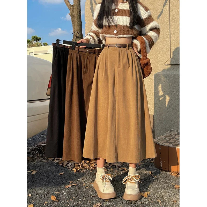 Women's Midi Skirt, High Waist Pleated A-Line with Belt