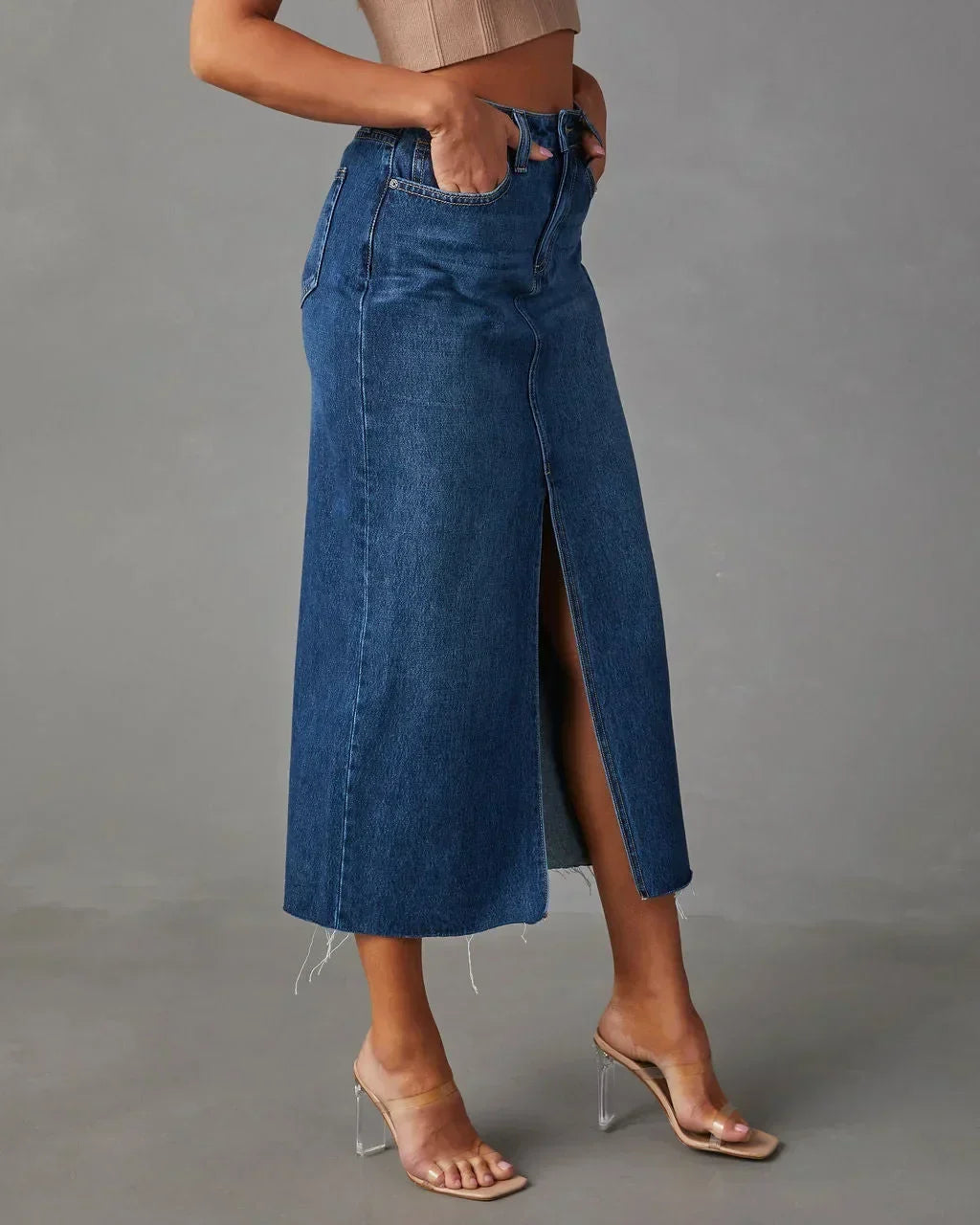 Women's Midi Skirt with Front Slit, High Waist Raw Hem