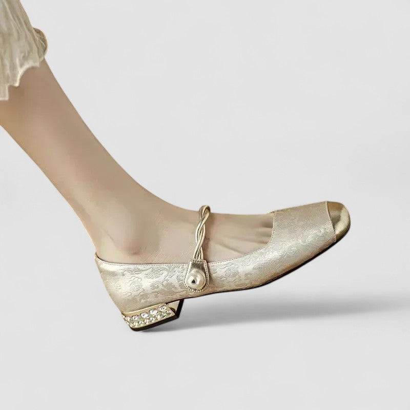 CAMILLE | SATIN MARY JANES WITH JEWELED HEEL