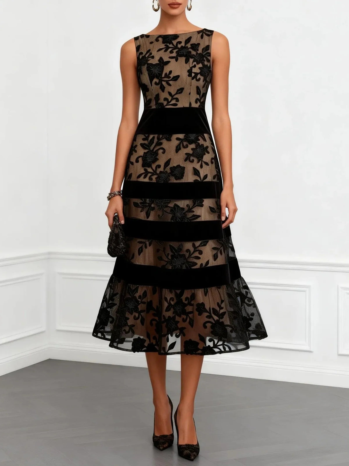 Bella - Elegant Black Lace Midi A-Line Dress