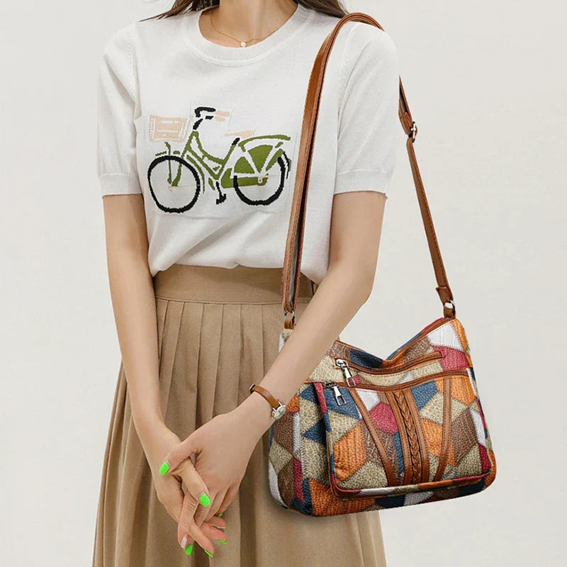 Women's Leather Shoulder Bag, Boho Patchwork Crossbody Hobo