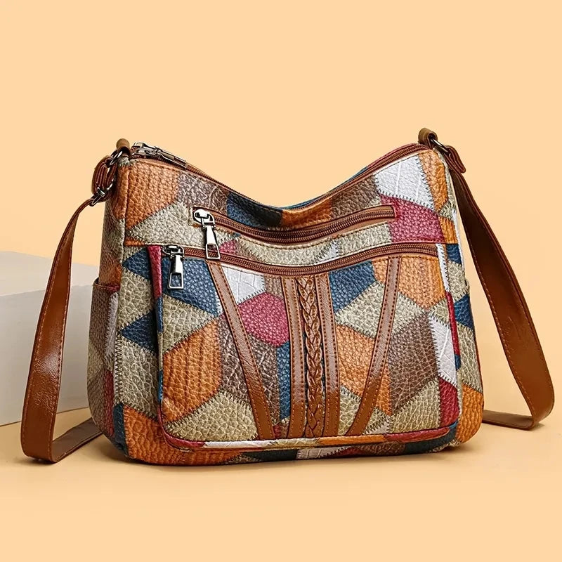 Women's Leather Shoulder Bag, Boho Patchwork Crossbody Hobo