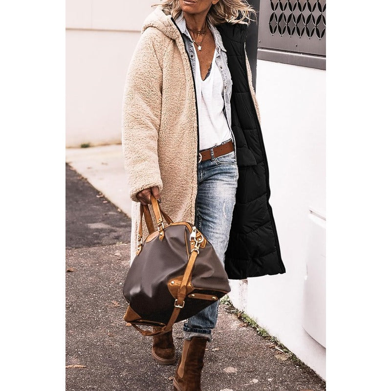 Women's Long Puffer Jacket, Reversible Sherpa Midi Longline Coat