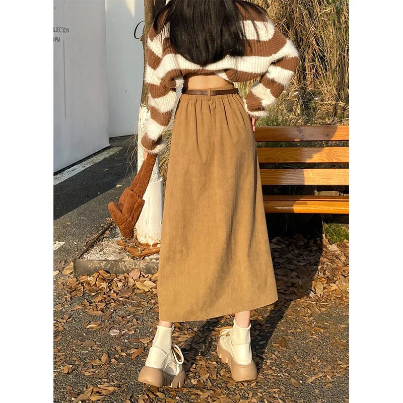 Women's Midi Skirt, High Waist Pleated A-Line with Belt