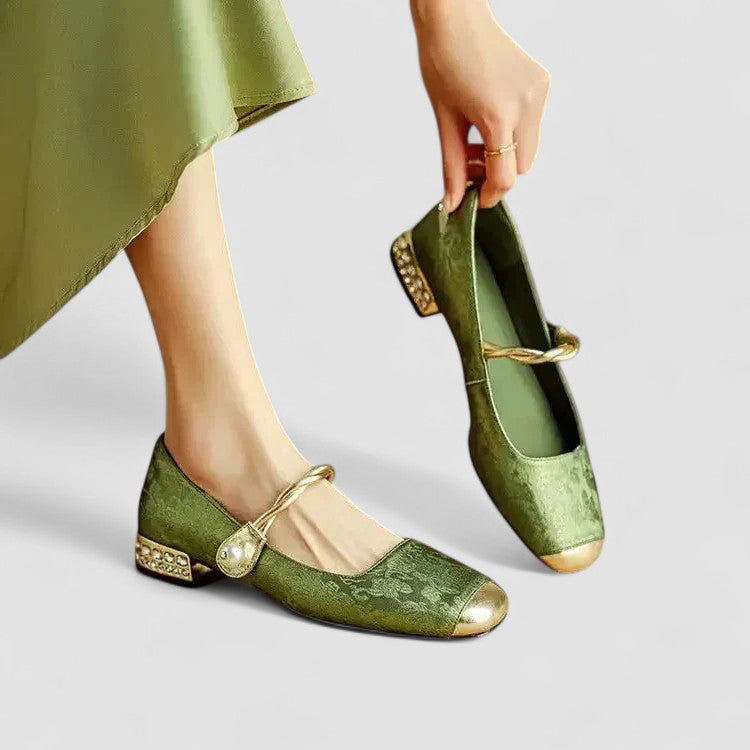 CAMILLE | SATIN MARY JANES WITH JEWELED HEEL