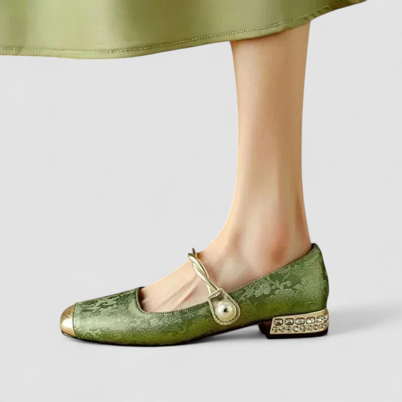 CAMILLE | SATIN MARY JANES WITH JEWELED HEEL
