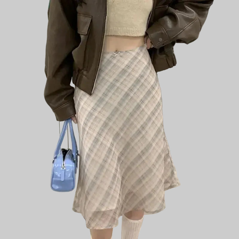 Women's Midi Skirt, High Waist Plaid A-Line Bow Detail