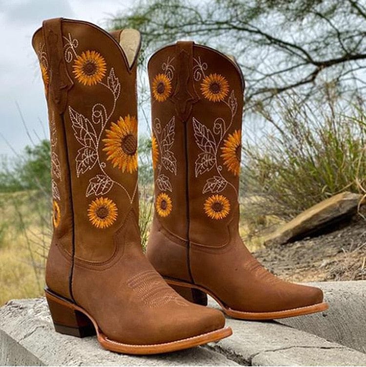 Women's Sunflower Embroidered Cowboy Boots