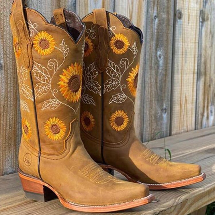 Women's Sunflower Embroidered Cowboy Boots