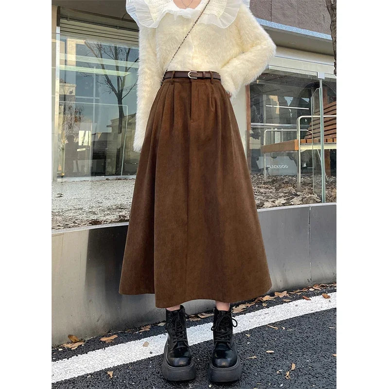 Women's Midi Skirt, High Waist Pleated A-Line with Belt
